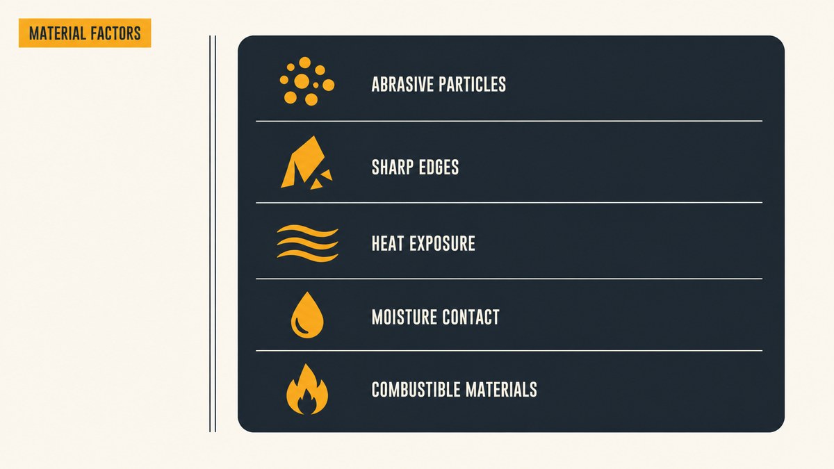 Conveyor belt cover selection: five material factors the rubber has to resist, being abrasive particles, sharp edges, heat, moisture and combustible material