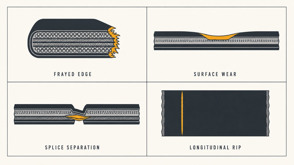 Four conveyor belt failure modes: edge stripping, cover worn to the carcass, joint pulled apart and a longitudinal rip