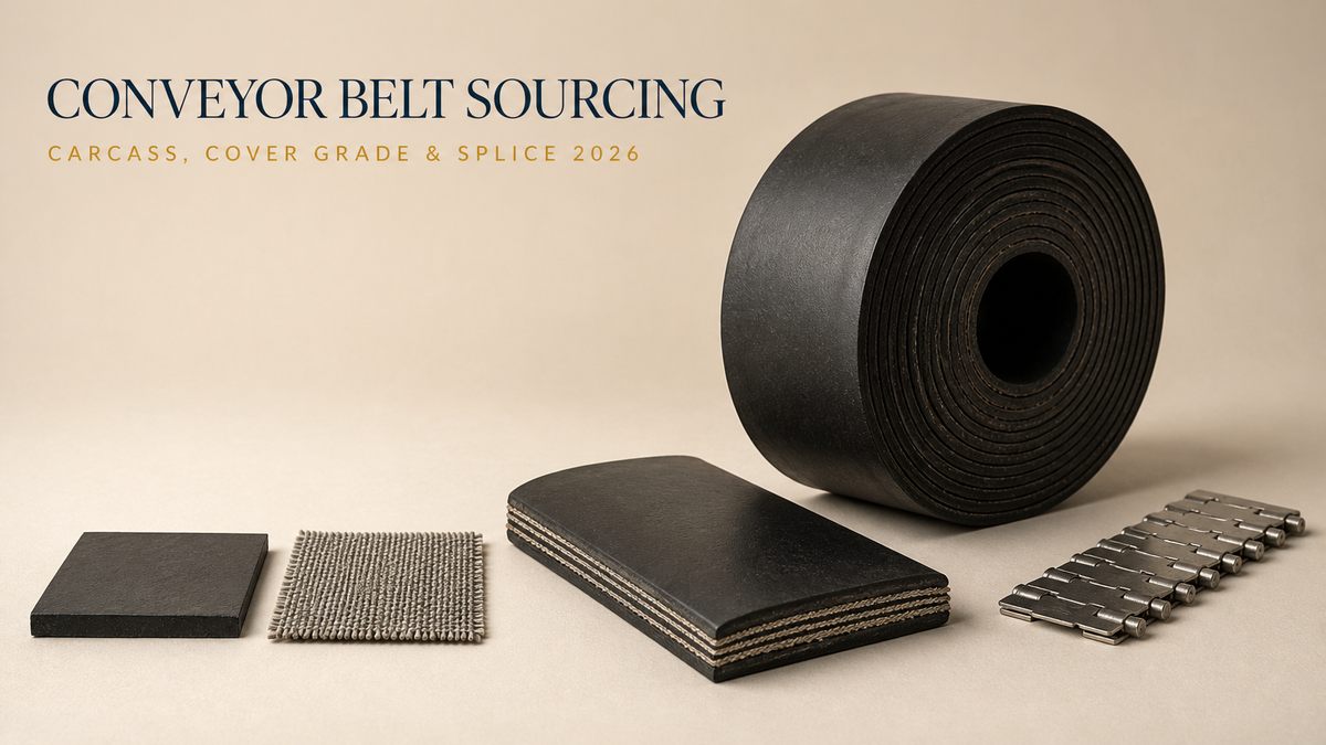 Conveyor belt sourcing cover: a coiled rubber belt roll with a cut belt section, rubber cover coupon, woven fabric carcass swatch and a strip of metal belt fasteners on a beige studio surface