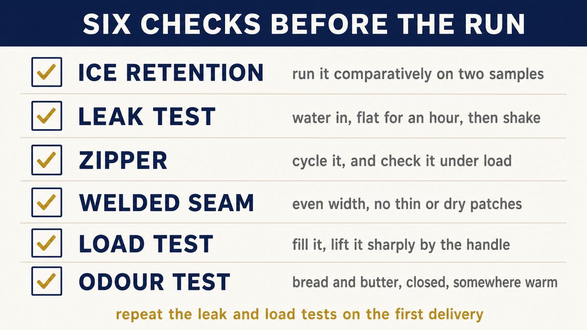 Cooler bag sample test checklist: ice retention with conditions, leak test, zipper cycling, welded seam, load test and odour test