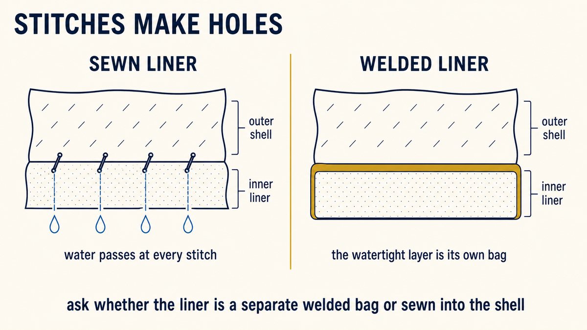 Cooler bag liner construction compared: a welded inner bag against a liner sewn straight through, showing where water escapes