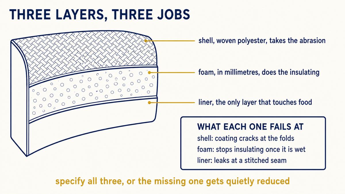 Cooler bag construction in cross-section: coated shell fabric, foam insulation layer and welded food-contact liner