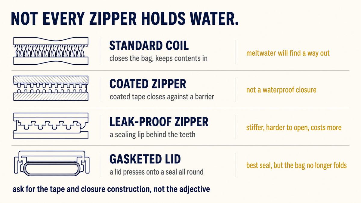 Cooler bag zipper types compared: standard coil, coated coil, leak-proof zipper and a gasketed lid, with where each leaks