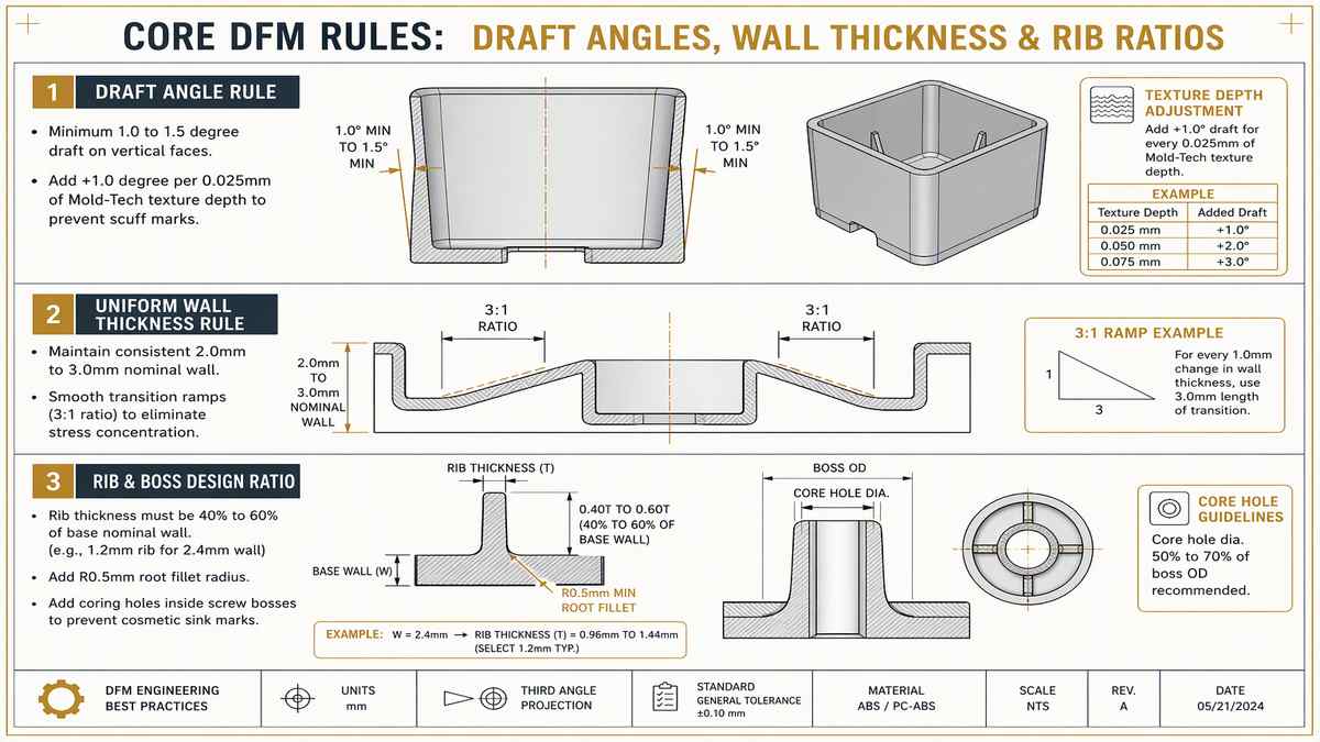 Core DFM Rules Draft Angles Uniform Wall Thickness and Rib Ratios Infographic