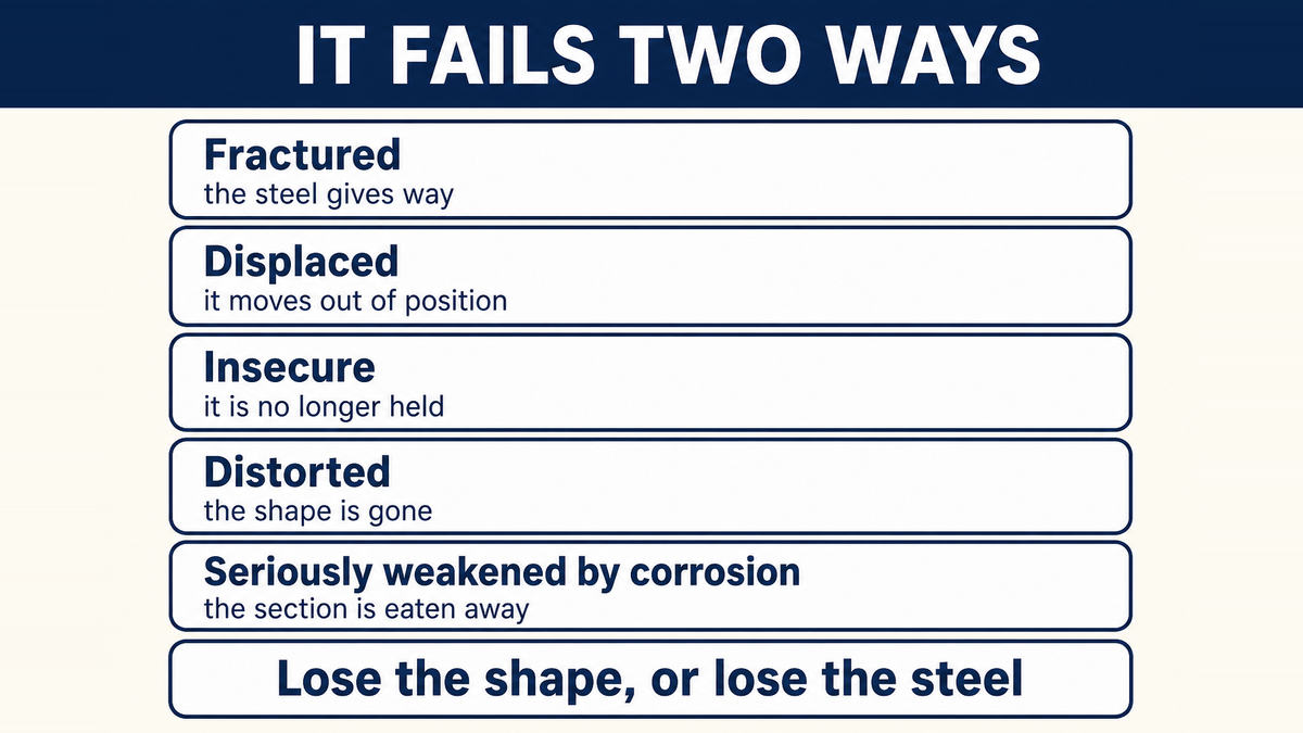 A control arm fails by losing its shape or losing its steel: fractured, displaced, insecure, distorted, or seriously weakened by corrosion damage or wear