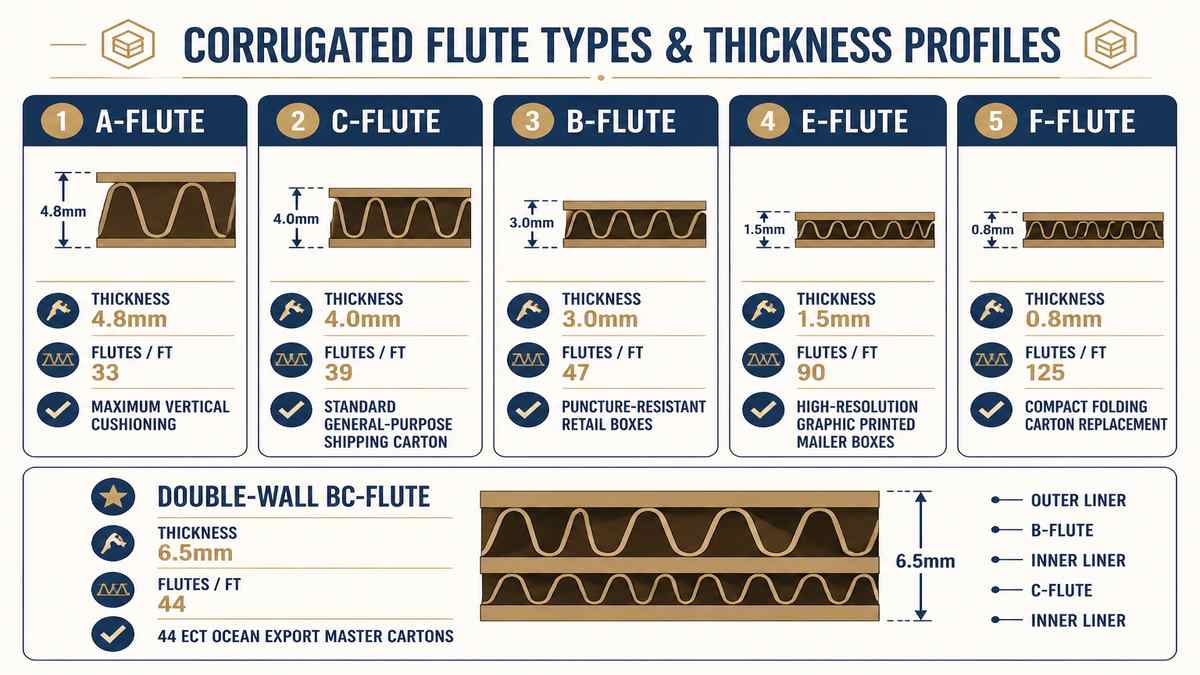 Corrugated Flute Types and Thickness Profiles Infographic