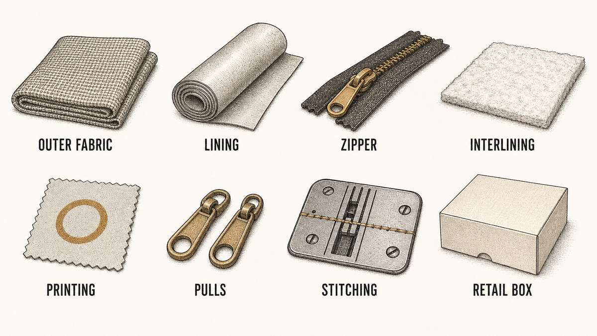 Cosmetic bag cost lines drawn as two rows of labelled objects: a folded length of outer shell fabric, a rolled length of lining, a closed zipper with a pull, a sheet of soft interlining, a printed logo panel, a pair of metal zipper pulls, a sewing machine needle plate with visible stitching, and a plain cream retail box