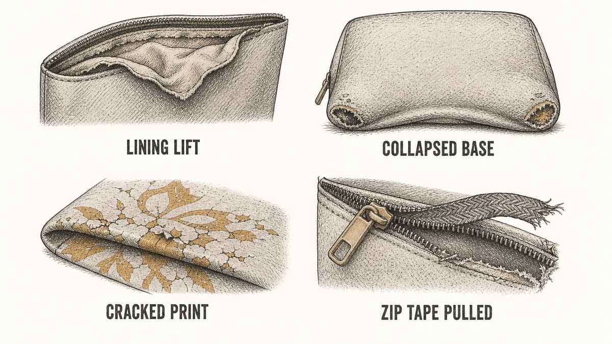 Four failed cosmetic bags drawn as technical illustrations: a bag whose lining has come away from the shell at the top edge and is lifting and hanging loose inside, a bag whose base has collapsed with its bottom corners worn through and scuffed, a printed logo cracked and flaking along a fold, and a zipper whose fabric tape has pulled away from the bag body along the seam