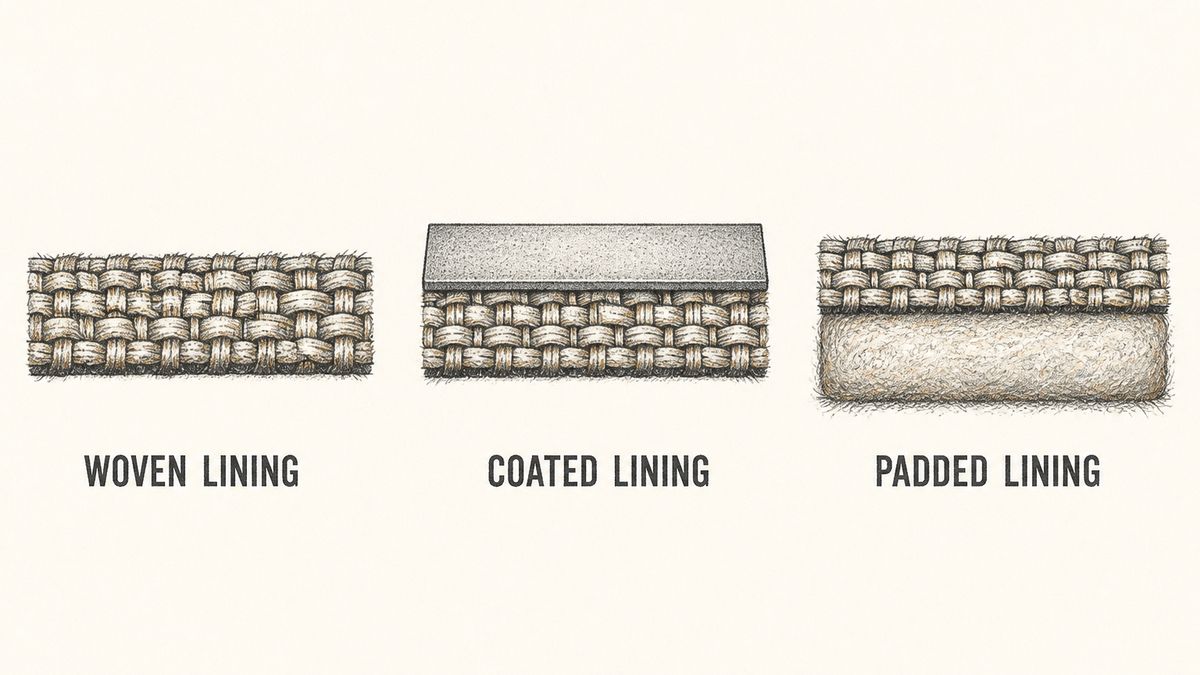 Three cosmetic bag lining builds drawn as cut-away cross-sections side by side showing the layer structure of each: a plain woven fabric on its own, a woven fabric with a smooth continuous film on its face, and a woven fabric with a soft padded layer behind it