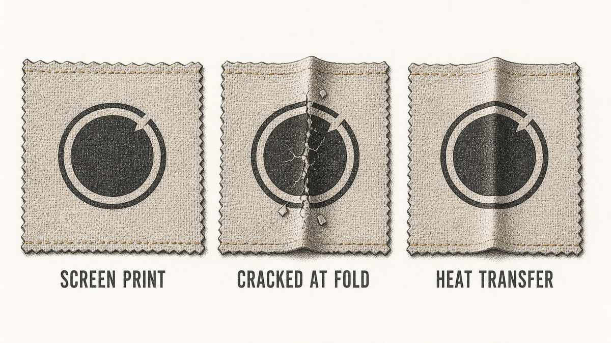 The same logo mark drawn on the same material three times: on a flat panel where the printed mark is clean and complete, on a panel folded along a crease where the printed mark is cracked and lifting along the fold line, and on the same folded panel where a transferred mark stays intact across the fold