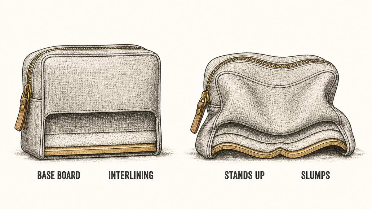 The same cosmetic case drawn twice: on the left standing square with a cut-away section through the lower part showing the stiff base board and the interlining layer in the walls, and on the right the same case slumped and collapsing with the base board bent out of flat