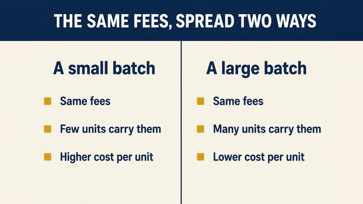 A chart showing once-only private label costs spread across a small batch and a large batch, so the cost per unit is far higher on the small batch