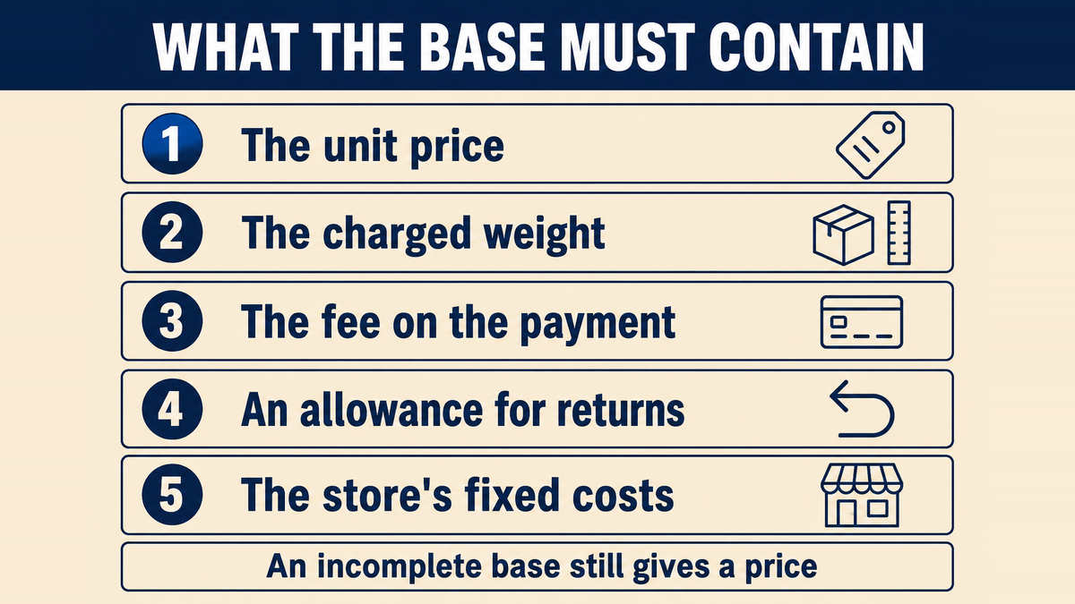 What has to be inside a cost base before a margin is added: the unit price, the charged weight of the parcel, the fee on the payment, an allowance for returns and the fixed costs of the store