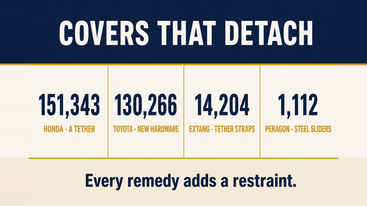 A four column infographic titled Covers That Detach showing the four largest tonneau cover recalls by units with the remedy for each being a tether, new hardware, tether straps or steel sliders