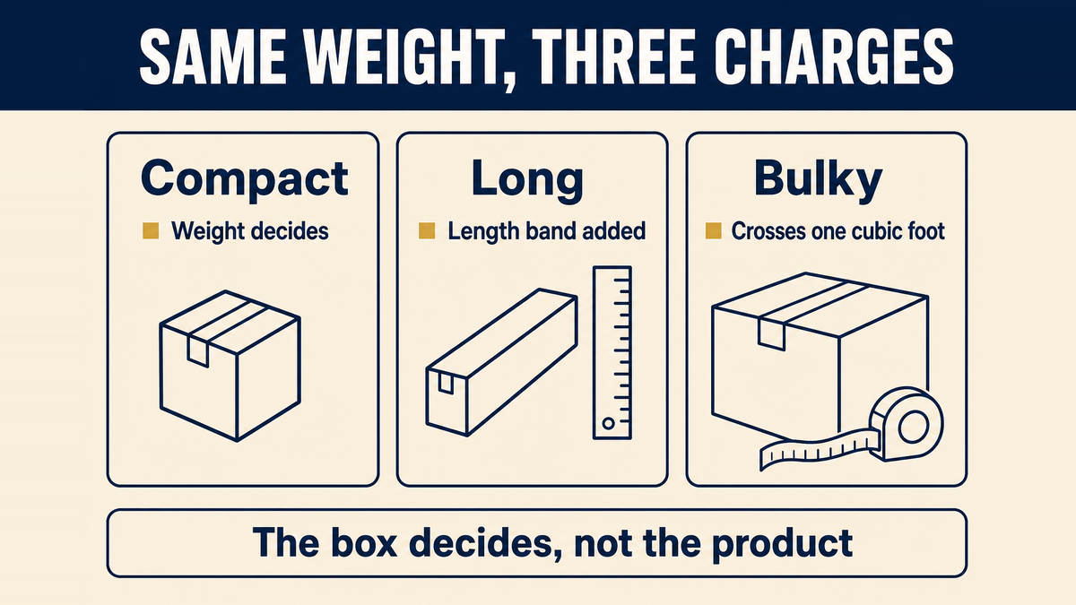 Three parcels of equal weight compared: a compact box charged on weight, a long box that picks up a length addition, and a bulky box that crosses the one cubic foot line