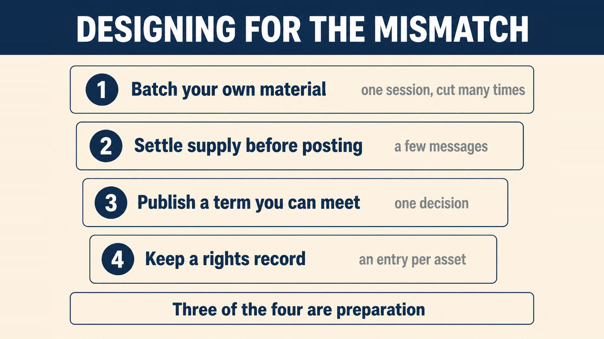 Four preparations that keep content and supply from colliding: batching your own material, settling supply before posting, publishing a term you can meet, and keeping a rights record