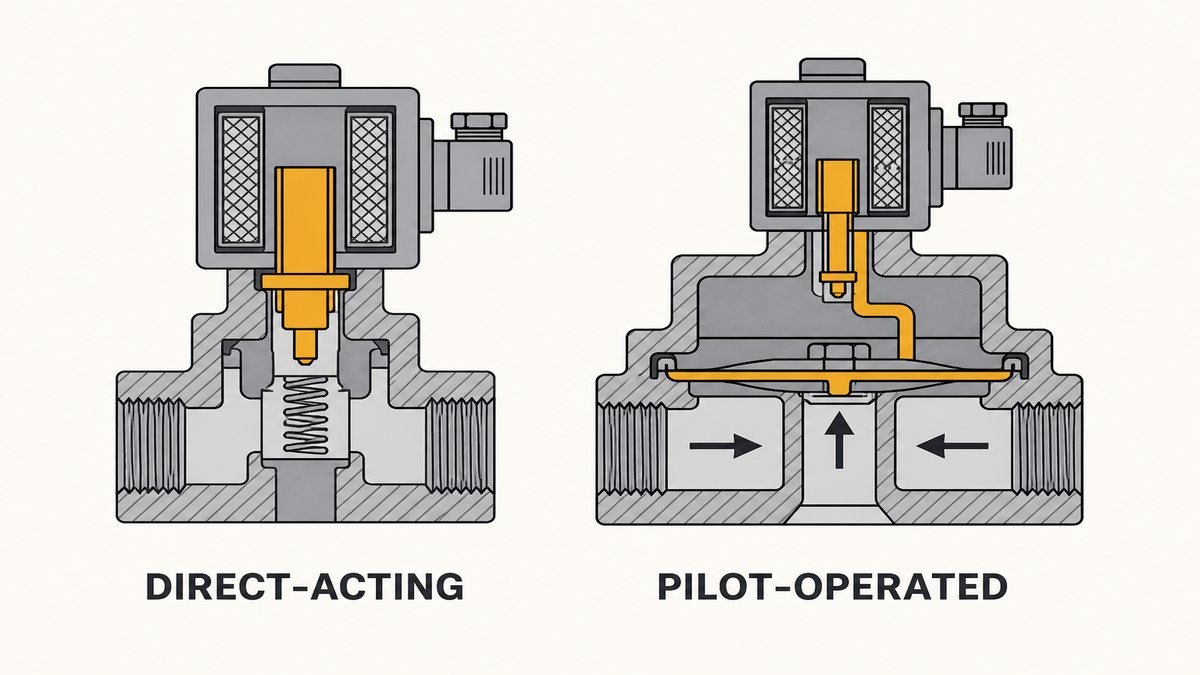 Direct-acting and pilot-operated solenoid valves compared in section, showing the coil pulling the plunger directly in one and opening a small pilot passage in the other