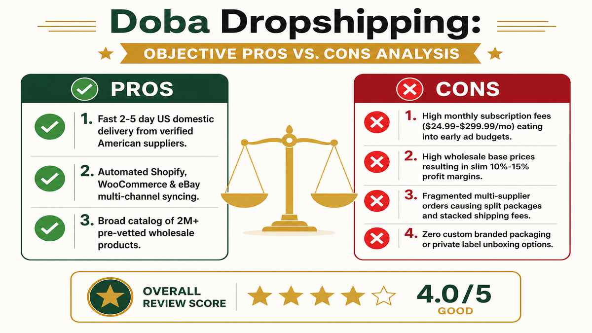 Doba Dropshipping Pros vs Cons Evaluation Matrix Infographic
