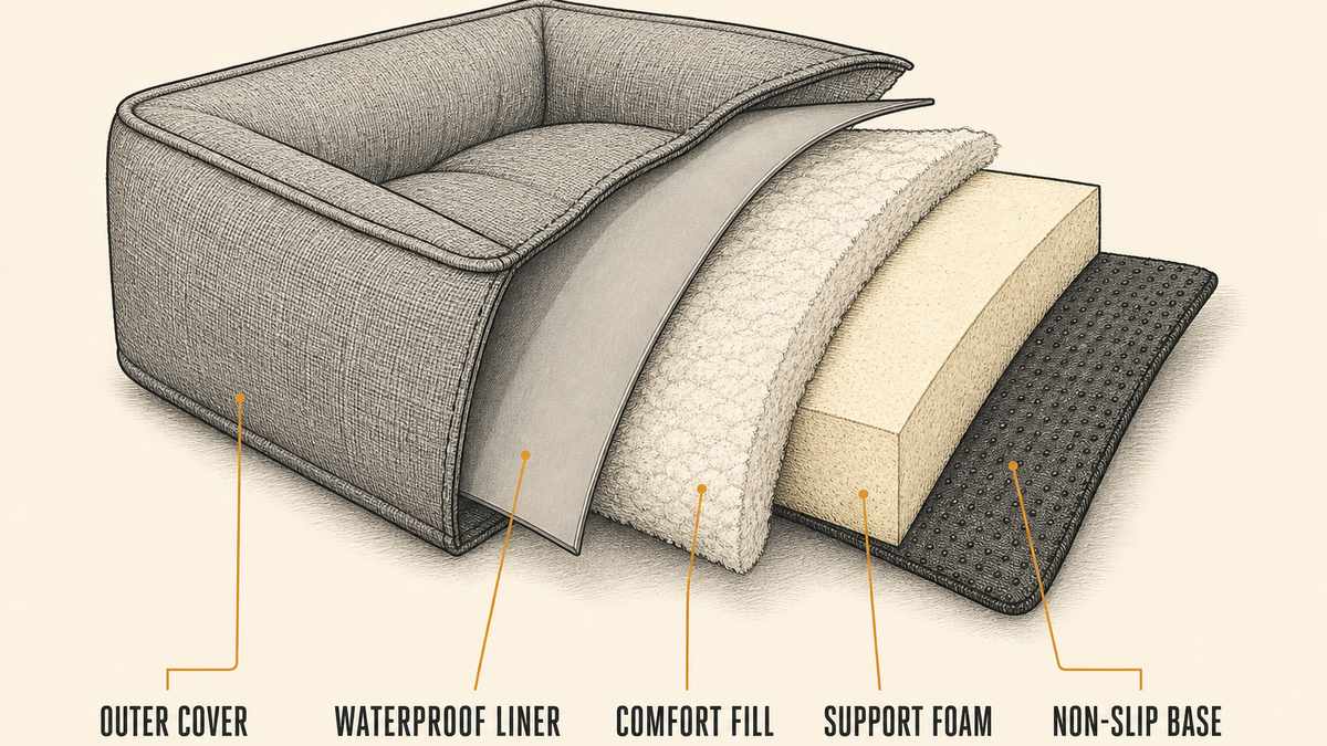 Pet bed layer construction drawn as a cut-away cross-section: outer cover, waterproof liner, comfort fill, support foam and non-slip base, each separated slightly and marked with an amber leader line
