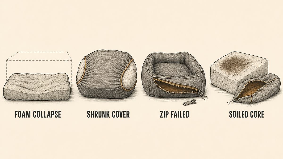 Pet bed failure modes drawn as four objects: a foam block squashed flat with a faint dashed outline showing its original thickness, a cover pulled tight and distorted around foam pushing out, a bed with its zip burst open and the slider detached, and a stained foam block beside a liner split open at a seam