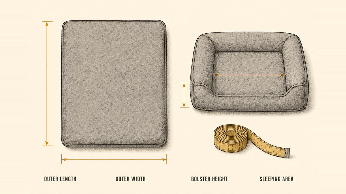 Pet bed measurement points drawn as objects: a mattress-style bed laid flat with dimension lines marking the outer length and outer width, a bolster bed beside it with a line marking the rim height and a shaded area marking the sleeping area inside the rim, and a coiled cloth tape measure