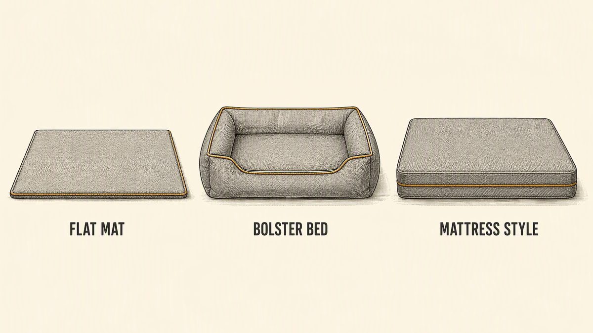 Dog bed constructions drawn as three objects: a thin flat pet mat, a rectangular pet bed with a raised padded rim around the whole edge, and a thick mattress-style pet bed whose side edge shows layered thickness