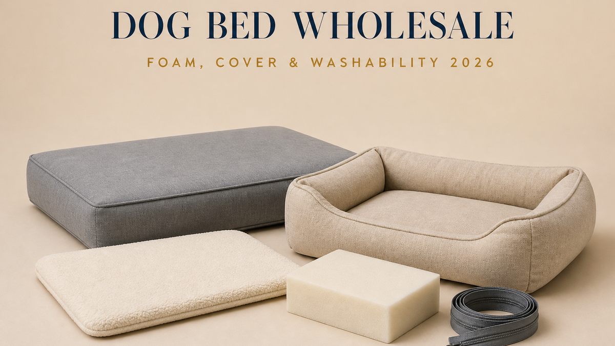 Dog bed wholesale cover: a plain grey memory-foam pet mattress, an oatmeal bolster pet bed with a raised rim, a flat cream pet mat, a bare rectangular foam block and a coil of zipper tape on a pale beige studio surface