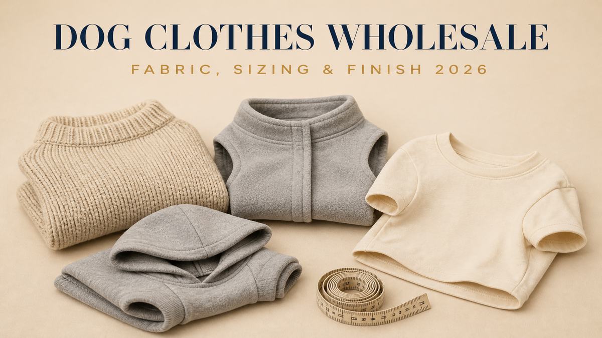 Dog clothes wholesale cover: a plain knitted pet sweater, a folded fleece pet jacket, a blank pet t-shirt, a plain hoodie and a cloth tape measure on a pale beige studio surface