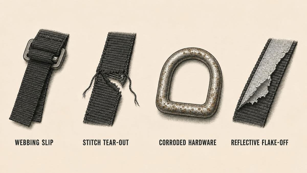 Harness failure modes drawn as four objects: webbing pulled loose and slipped through a buckle, a metal D-ring showing surface corrosion, stitching torn out at a load point where the webbing has pulled away, and a reflective strip flaking and peeling off a webbing strap