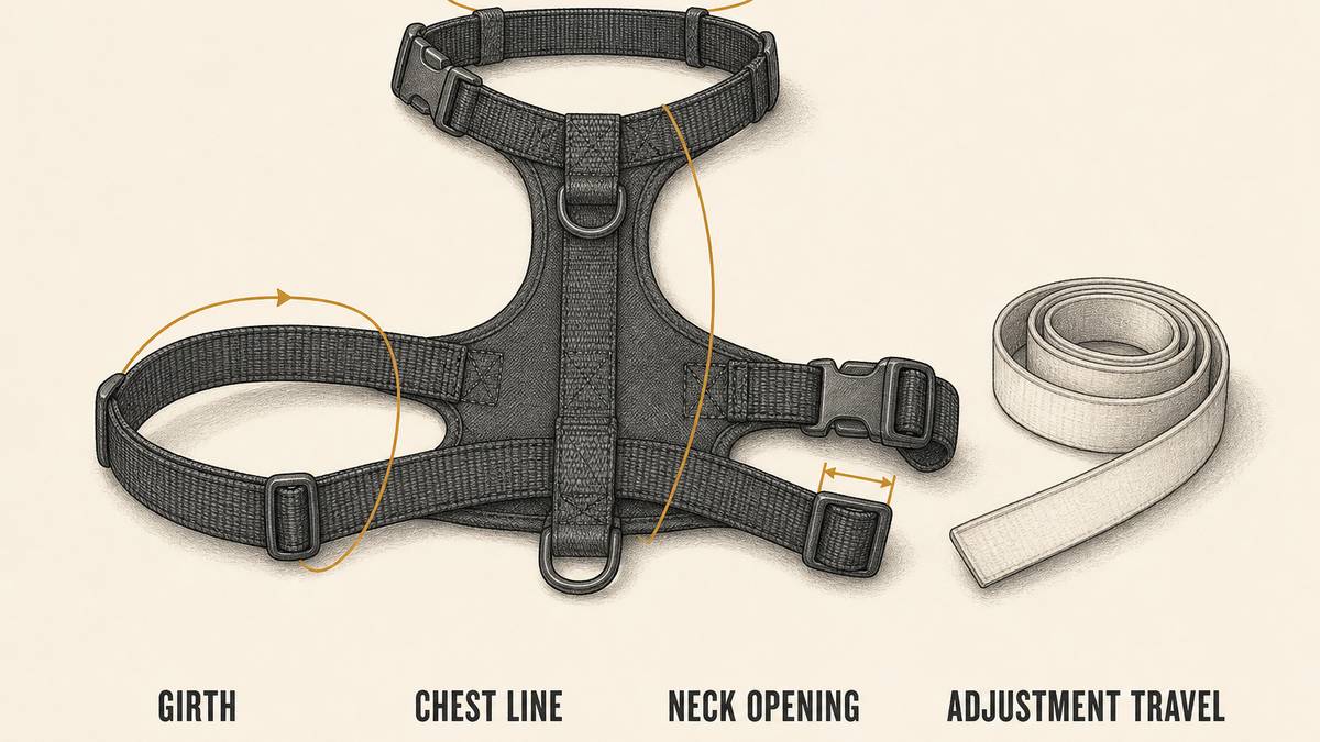 Dog harness fit points drawn as four objects: a harness laid flat with dimension lines across the girth behind the front legs, along the chest line to the base of the neck, around the neck opening and along a slider showing adjustment travel