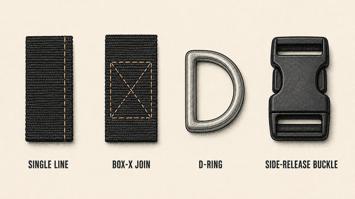 Harness load path drawn as four objects: a webbing strap joined with a single line of stitching, the same strap joined with a box-X stitch pattern, a bare metal D-ring, and a plastic side-release buckle