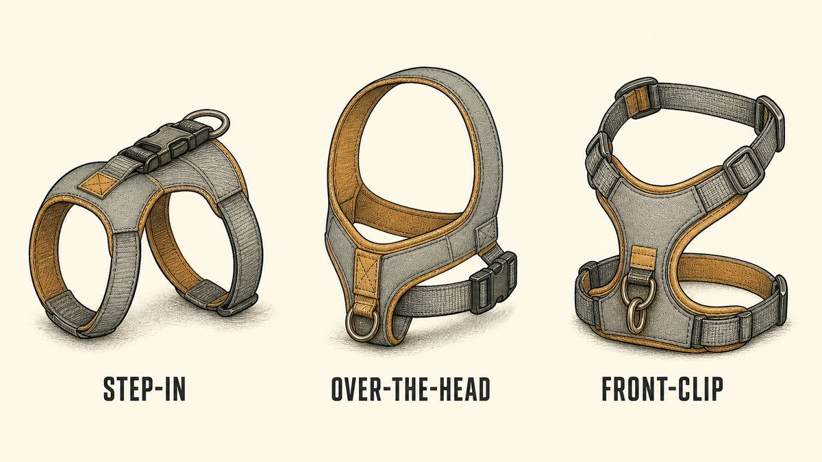 Dog harness constructions drawn as three objects: a step-in harness with two loops and a back buckle, an over-the-head harness with a fixed neck opening and chest fastening, and a front-clip no-pull harness with a chest attachment point