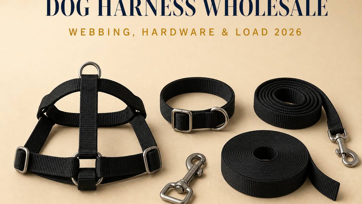 Dog harness wholesale cover: a plain webbing step-in harness laid flat, a plain nylon collar, a coiled webbing lead, a bare metal snap hook and a roll of black webbing on a pale beige studio surface