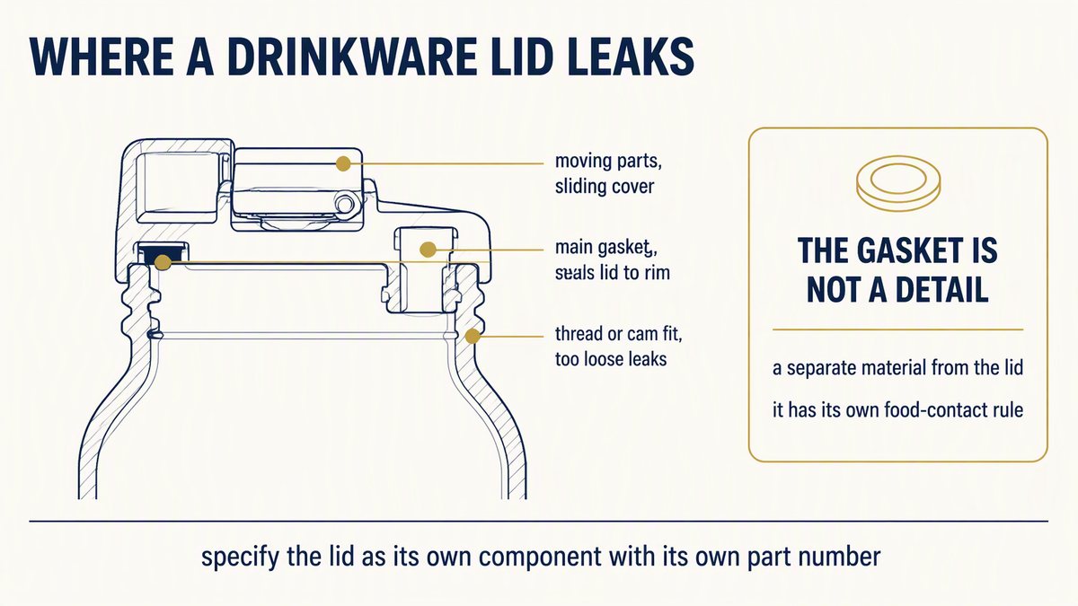 Drinkware lid and gasket leak points: lid seal, sliding mechanism, straw opening and thread fit