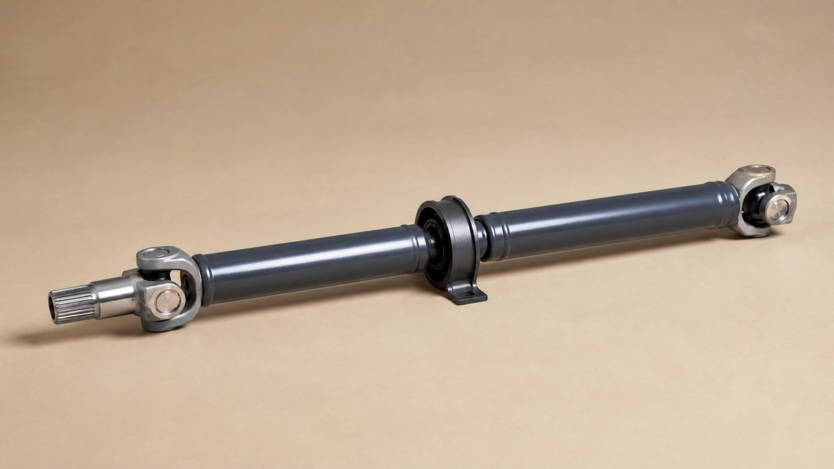 Two-piece steel driveshaft with universal joints and a centre bearing support