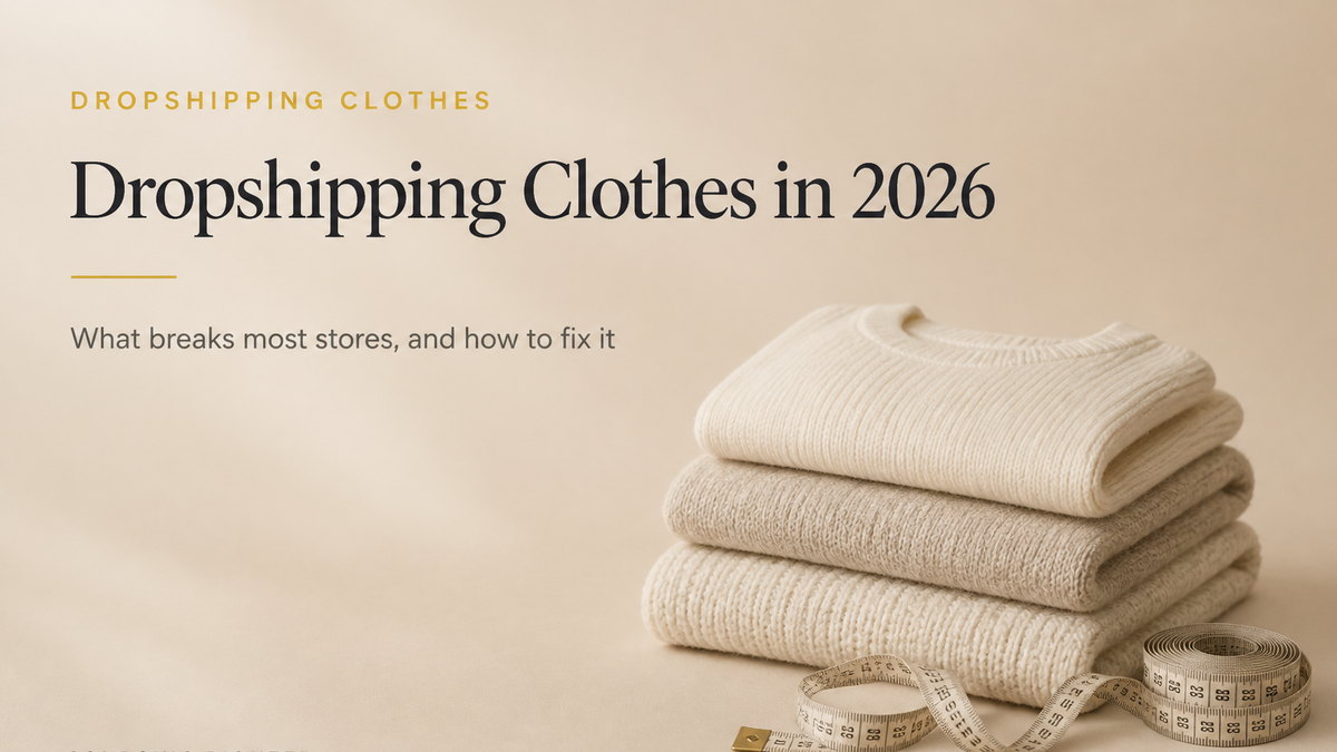 Folded apparel on a warm beige studio surface illustrating the four things that break clothing dropshipping