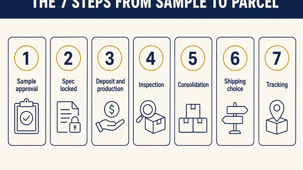 The dropshipping order chain from sample approval through production, inspection, consolidation and delivery