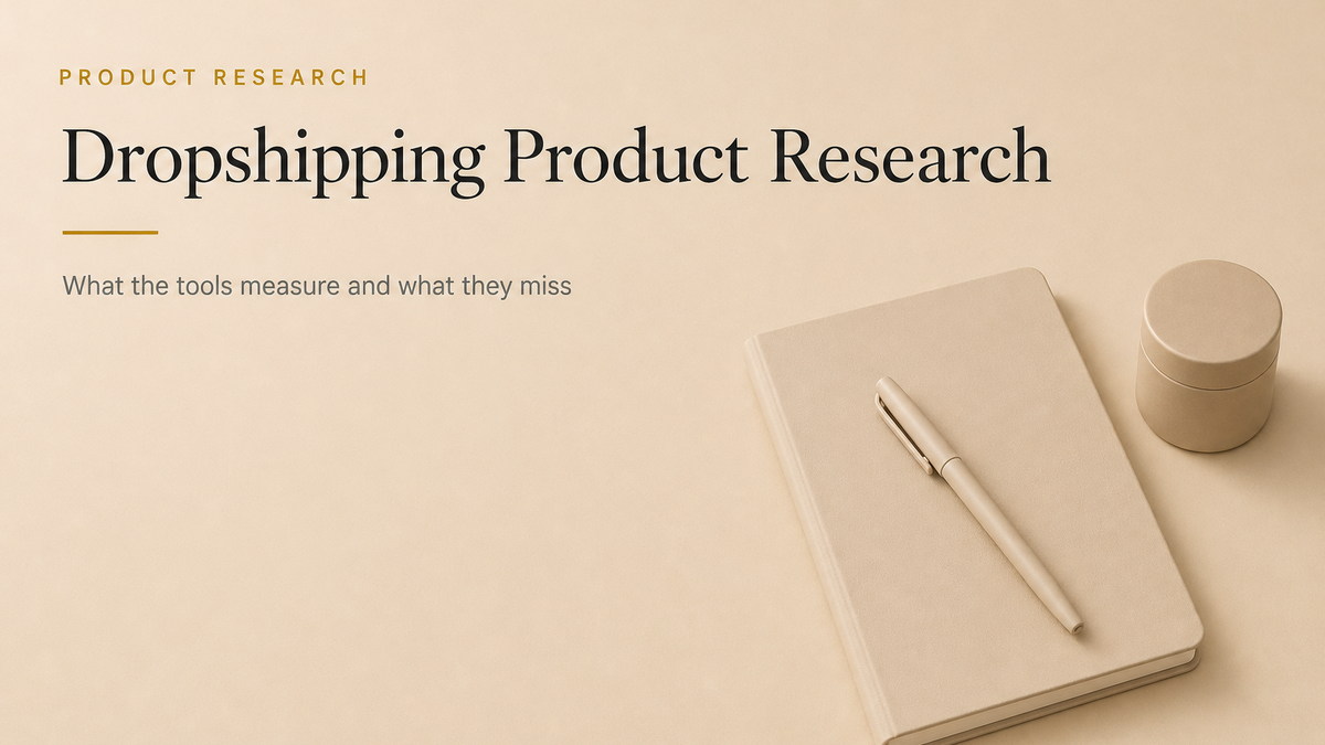 A plain notebook, pen and unbranded product on a warm beige studio surface, representing product research