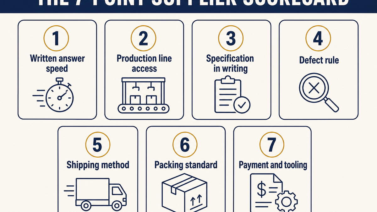 A seven point supplier scorecard comparing response time, documentation, defect rules and payment terms