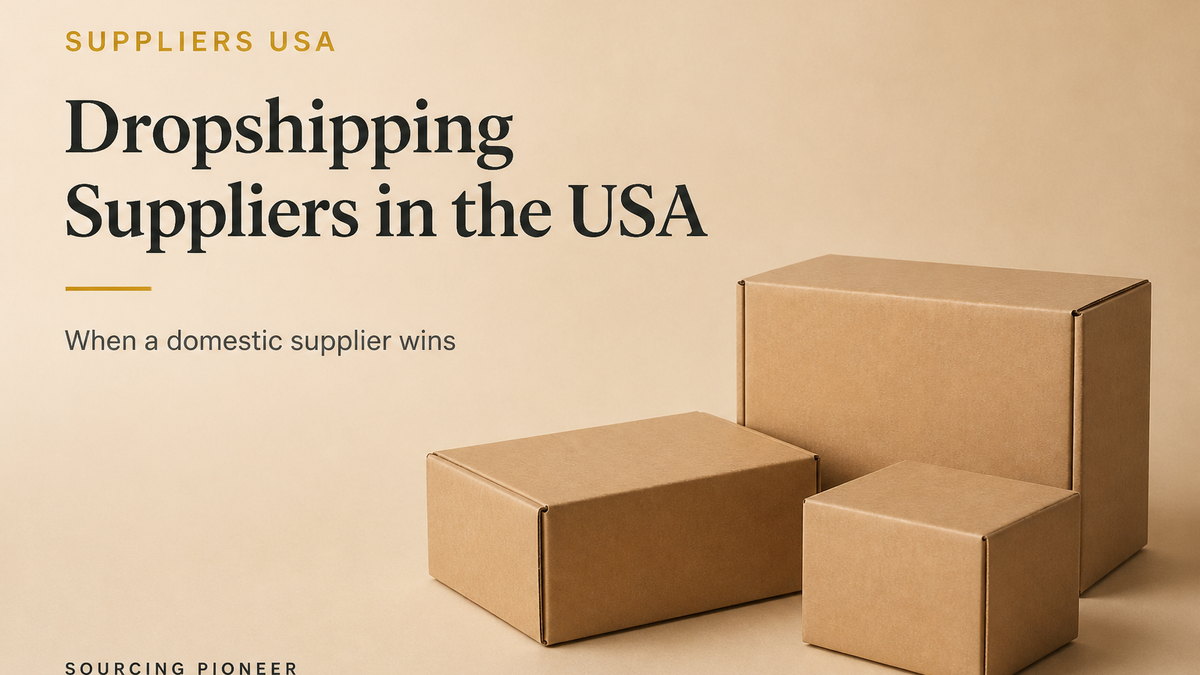 Plain unbranded parcels on a warm beige studio surface, representing the choice between domestic and imported fulfilment