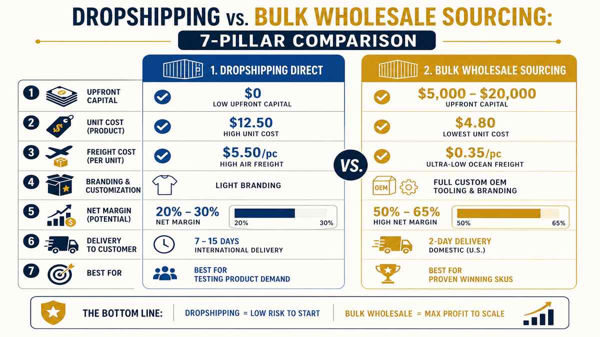 Dropshipping vs Bulk Wholesale Sourcing 7-Pillar Comparison Matrix Infographic