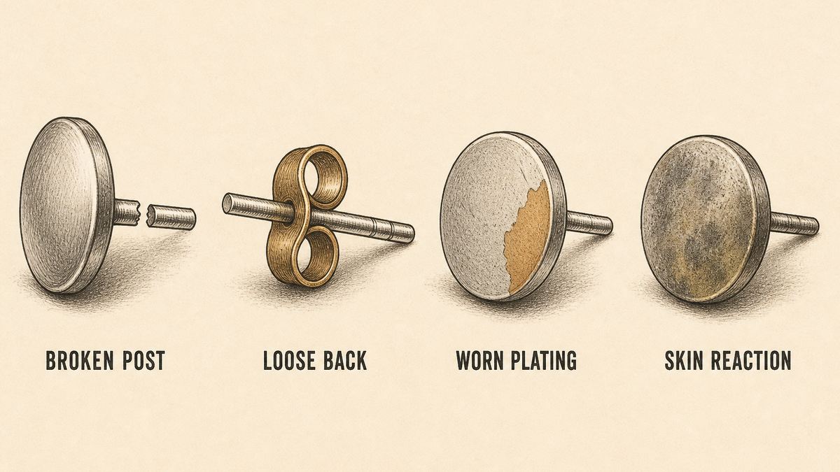 Earring failure modes drawn as four objects: an earring post snapped clean through near the front with the broken stub still attached, a butterfly back whose grip has opened so it slides freely along a post, a metal earring front whose plating has worn through in a patch revealing a different colour, and a metal earring front with a dull blotchy discoloured surface