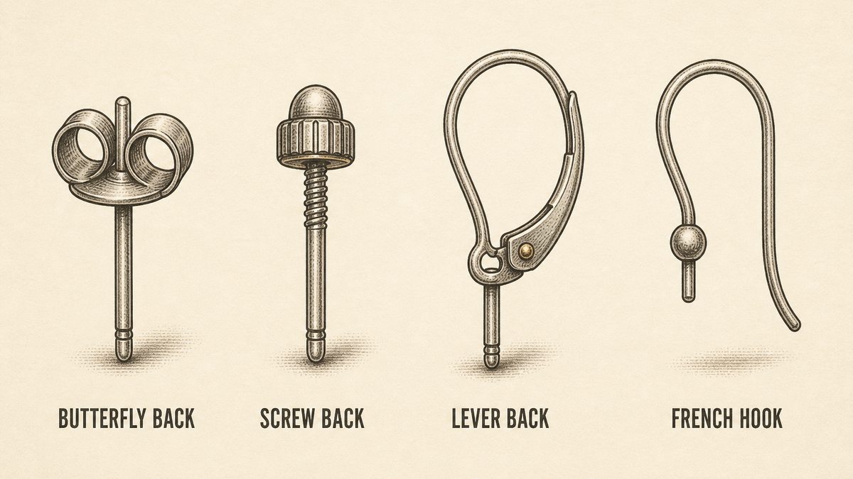 Earring fastenings drawn as four objects on short lengths of post: a straight post with a butterfly friction back disc, a threaded post with a small screw-on back, a hinged lever-back fitting with a curved lever, and a french hook ear wire with an open curve and a small ball at its front end