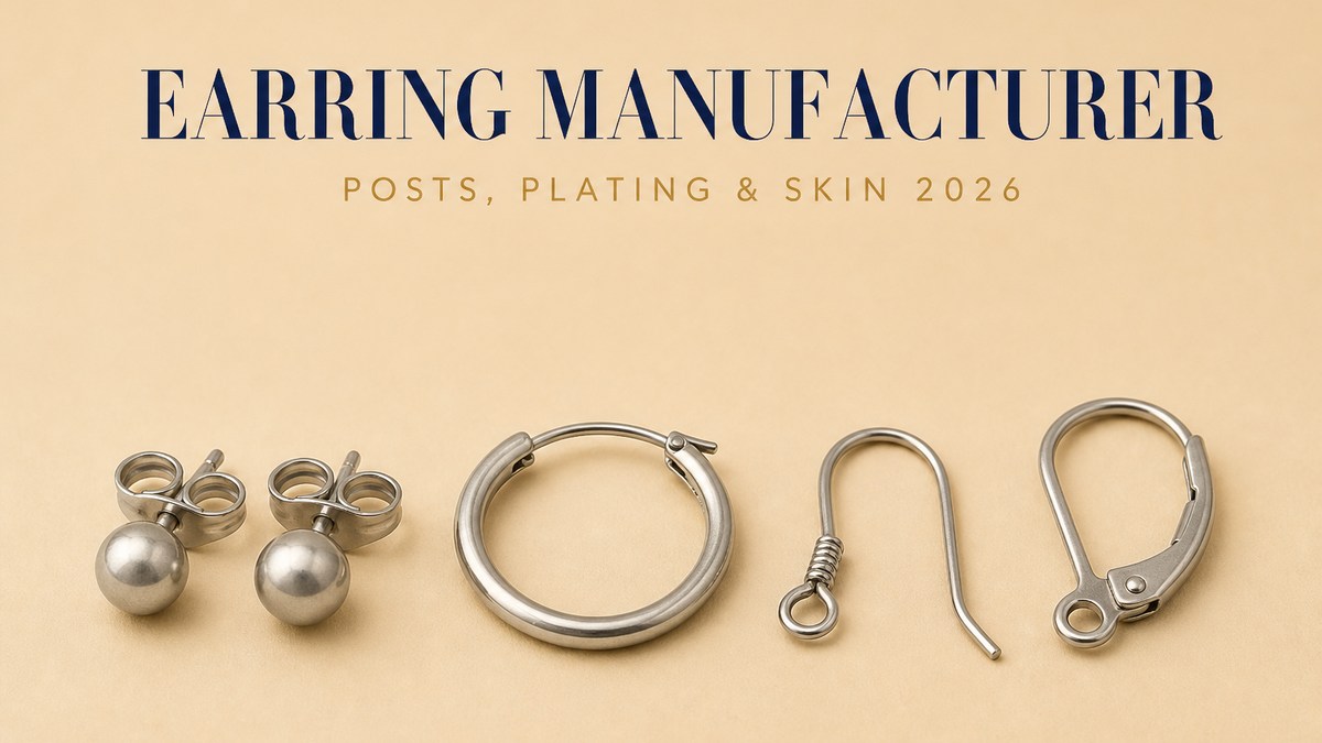 Earring manufacturer cover: a plain unplated metal stud with a butterfly back, a hoop, a bare french hook ear wire, a lever-back earring and a matching second stud on a pale beige studio surface