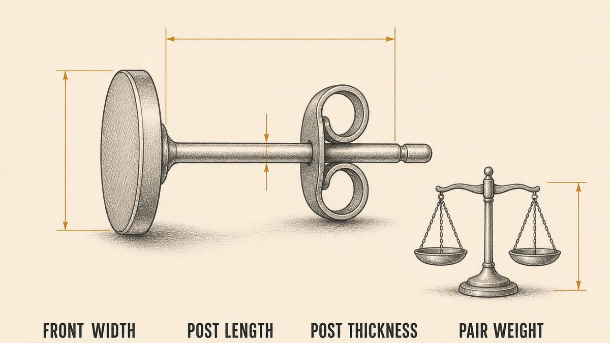 Earring measurement points drawn as a single large stud earring in technical side view with amber dimension lines and small arrowheads marking the post length, the post thickness and the width of the front face, with a small set of plain scales beside it representing the weight of a matched pair