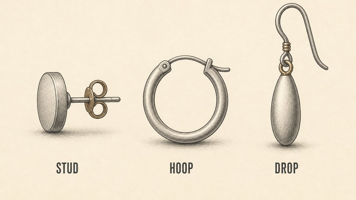 Earring constructions drawn as three technical flats: a stud with a straight post and butterfly back, a plain hoop with a hinged closure, and a drop earring with a hook, a connecting link and a hanging element