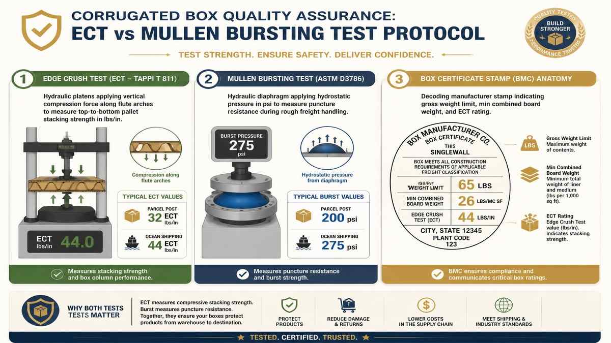 Corrugated Box Quality Assurance ECT vs Mullen Bursting Test Protocol Infographic