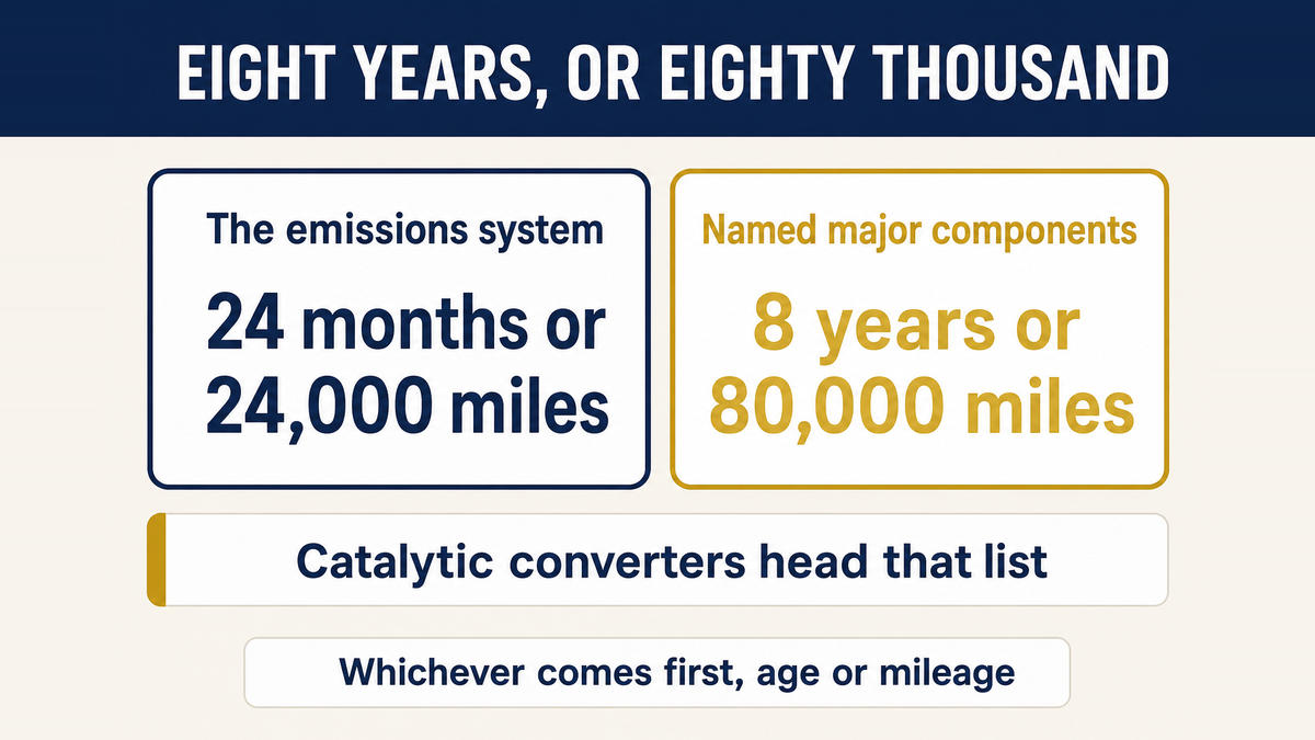 The federal emissions warranty periods: two years or twenty-four thousand miles for the emissions system generally, against eight years or eighty thousand miles for the named major components, which begin with catalytic converters and SCR catalysts