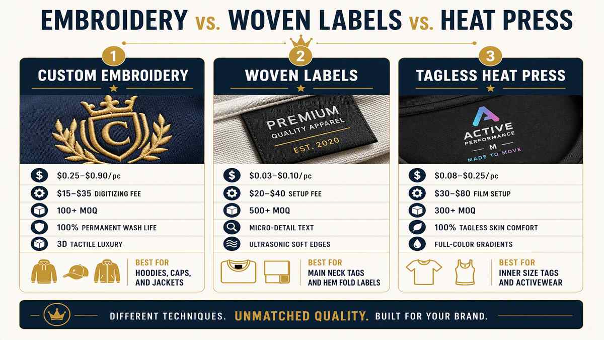 Embroidery vs Woven Labels vs Heat Press Head-to-Head Comparison Infographic