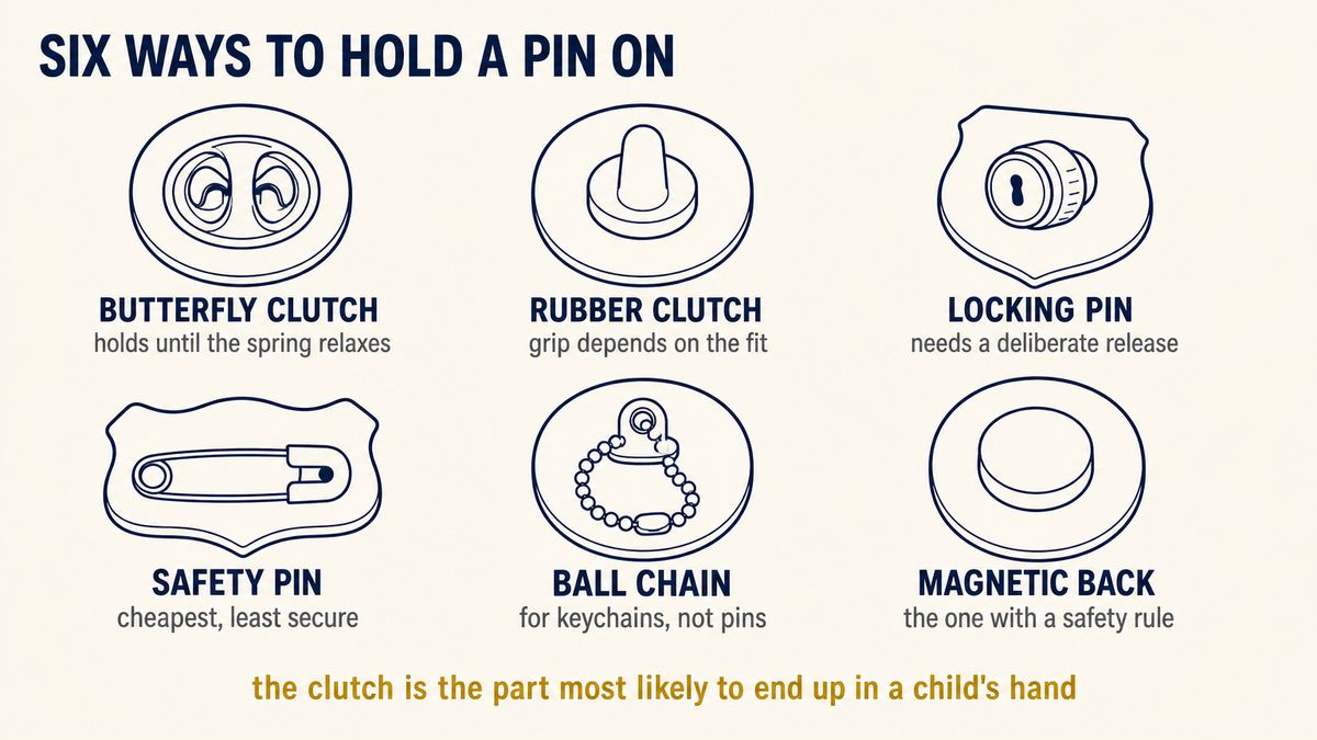 Enamel pin attachment types compared: butterfly clutch, rubber clutch, locking pin, safety pin, ball chain and magnetic back